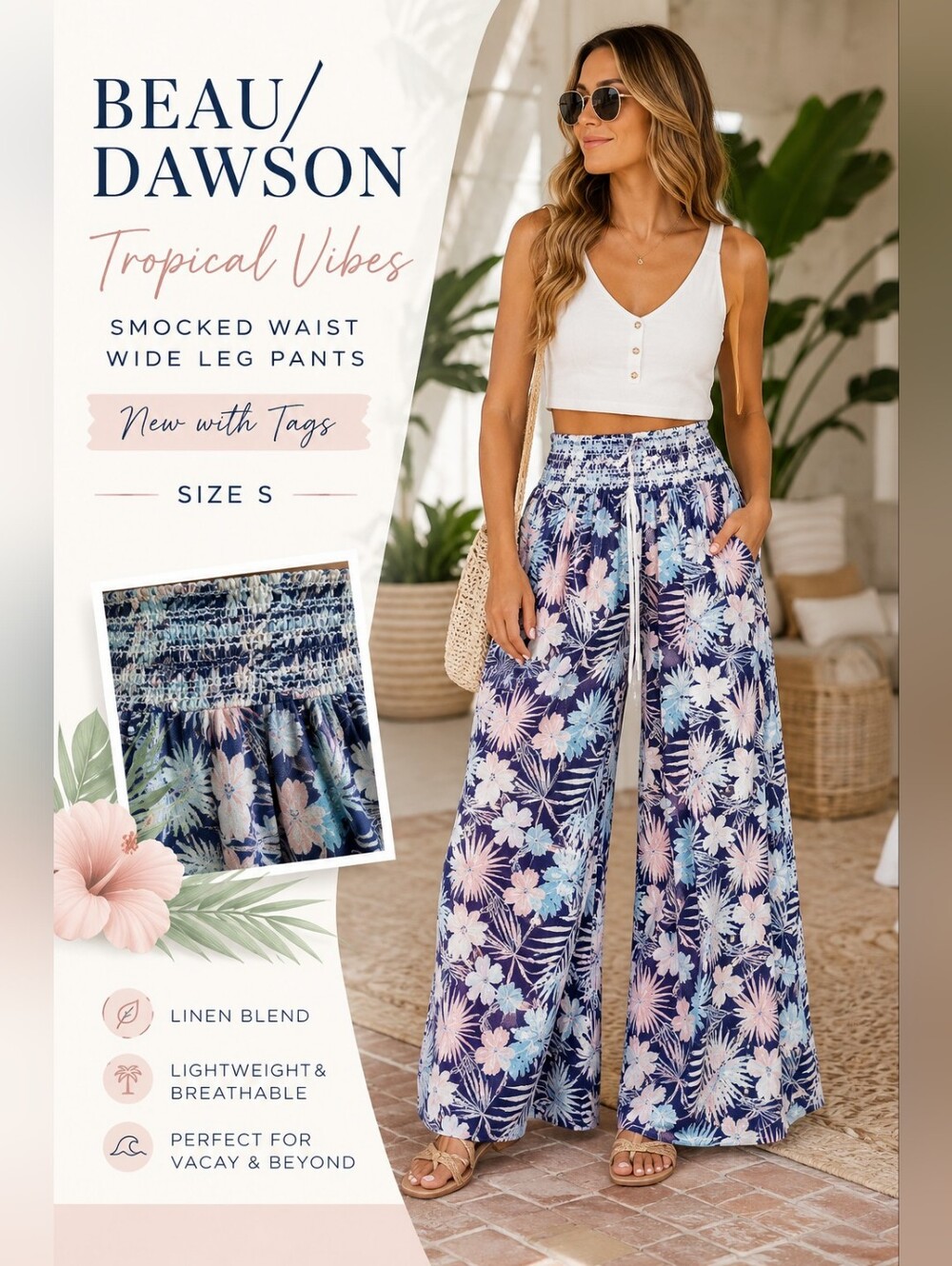 Beau Dawson Tropical Floral Smocked Wide Leg Linen Blend Pants NWT Sz S